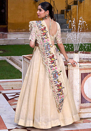 Embroidered Art Silk Lehenga in Beige