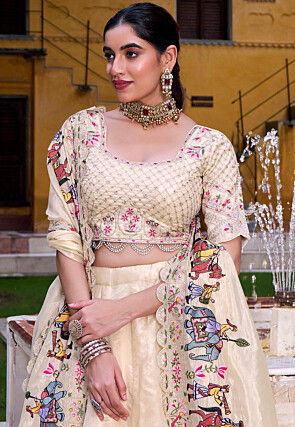 Embroidered Art Silk Lehenga in Beige