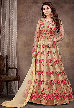 Embroidered Net Lehenga in Beige