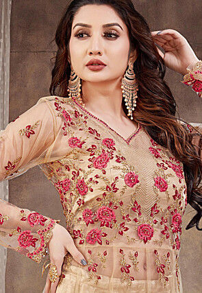 Embroidered Net Lehenga in Beige