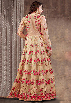 Embroidered Net Lehenga in Beige