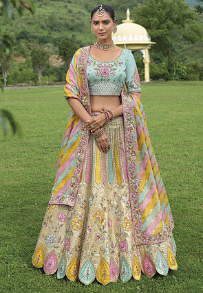 Embroidered Art Silk Lehenga in Beige