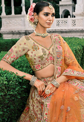 Embroidered Art Silk Lehenga in Beige