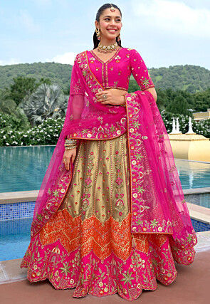 Embroidered Art Silk Lehenga in Beige