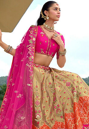 Embroidered Art Silk Lehenga in Beige
