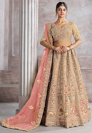 Embroidered Art Silk Lehenga in Beige