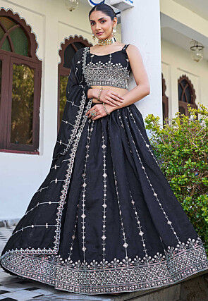 Embroidered Art Silk Lehenga in Black