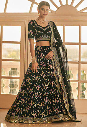 Embroidered Art Silk Lehenga in Black