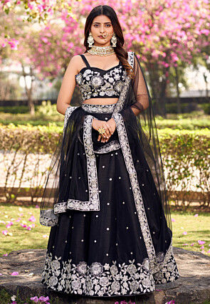 Embroidered Art Silk Lehenga in Black