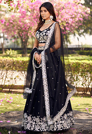 Embroidered Art Silk Lehenga in Black