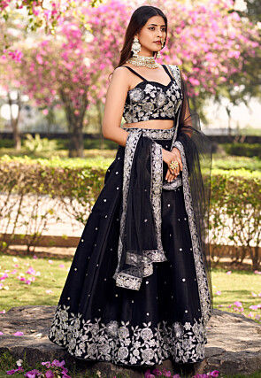 Embroidered Art Silk Lehenga in Black