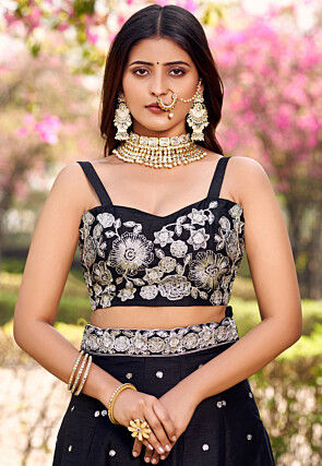 Embroidered Art Silk Lehenga in Black