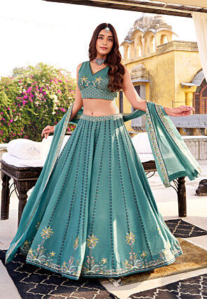 Embroidered Art Silk Lehenga in Blue