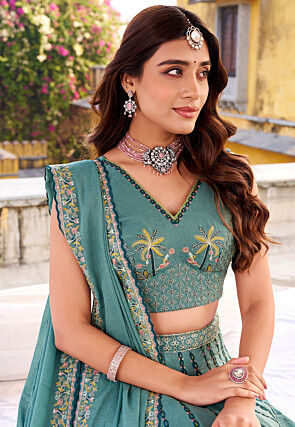 Embroidered Art Silk Lehenga in Blue