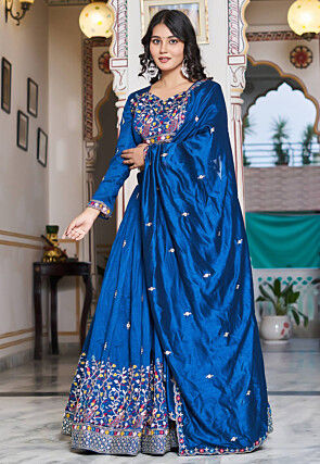 Embroidered Art Silk Lehenga in Blue