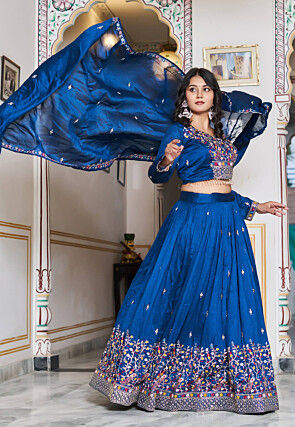 Embroidered Art Silk Lehenga in Blue