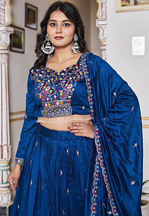Embroidered Art Silk Lehenga in Blue