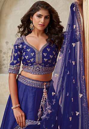 Embroidered Art Silk Lehenga in Blue