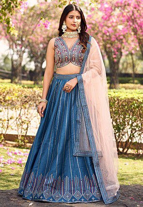 Embroidered Art Silk Lehenga in Blue