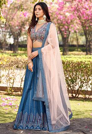 Embroidered Art Silk Lehenga in Blue