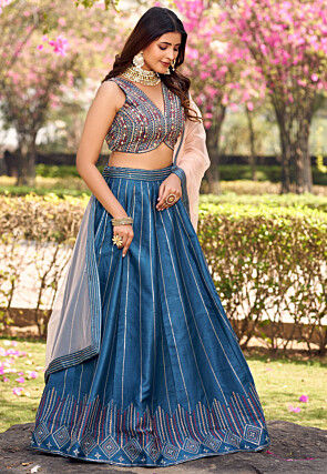 Embroidered Art Silk Lehenga in Blue
