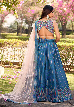 Embroidered Art Silk Lehenga in Blue