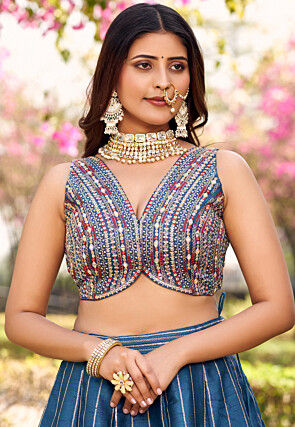 Embroidered Art Silk Lehenga in Blue