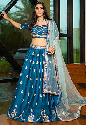 Embroidered Art Silk Lehenga in Blue