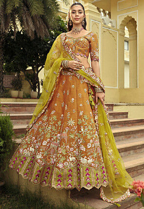 Embroidered Art Silk Scalloped Lehenga in Brown