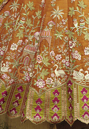 Embroidered Art Silk Scalloped Lehenga in Brown