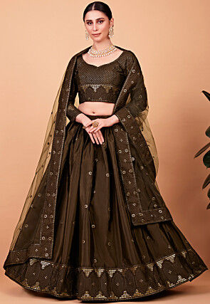 Embroidered Art Silk Lehenga in Brown