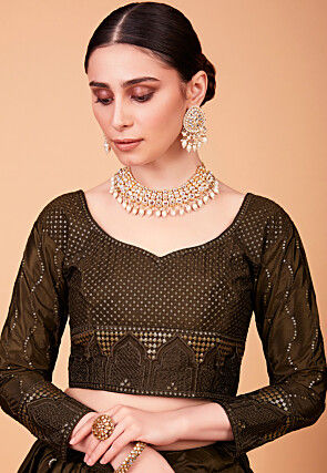 Embroidered Art Silk Lehenga in Brown