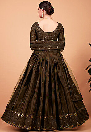Embroidered Art Silk Lehenga in Brown