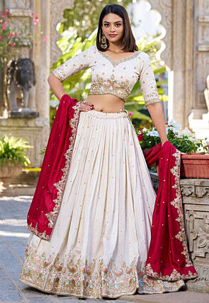 Embroidered Art Silk Lehenga in Cream
