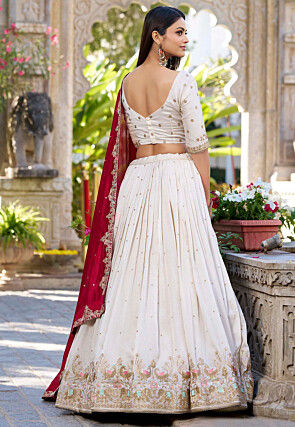 Embroidered Art Silk Lehenga in Cream