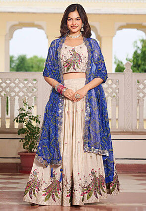 Embroidered Art Silk Lehenga in Cream