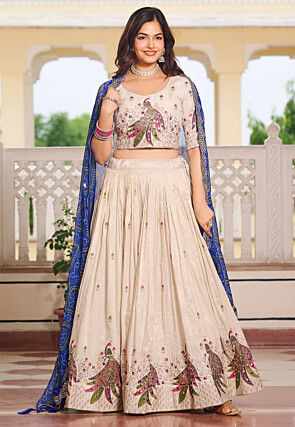 Embroidered Art Silk Lehenga in Cream