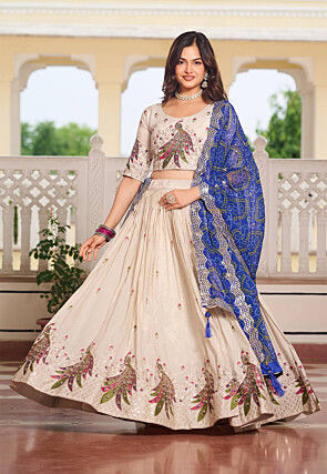Embroidered Art Silk Lehenga in Cream