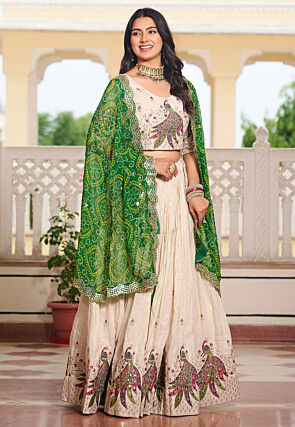 Embroidered Art Silk Lehenga in Cream