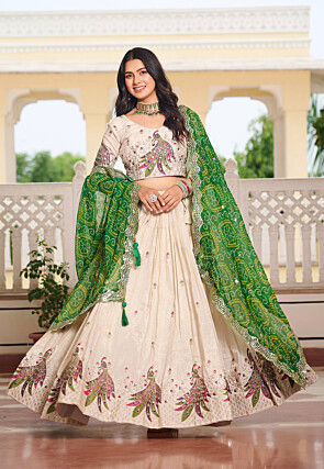 Embroidered Art Silk Lehenga in Cream