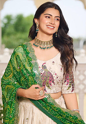 Embroidered Art Silk Lehenga in Cream