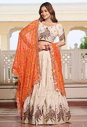 Embroidered Art Silk Lehenga in Cream