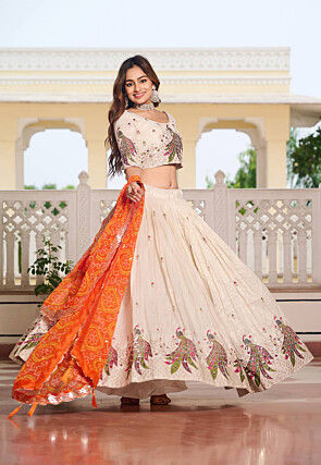 Embroidered Art Silk Lehenga in Cream
