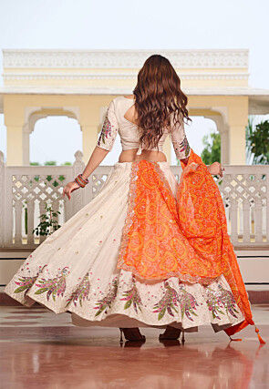 Embroidered Art Silk Lehenga in Cream