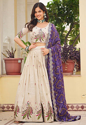 Embroidered Art Silk Lehenga in Cream