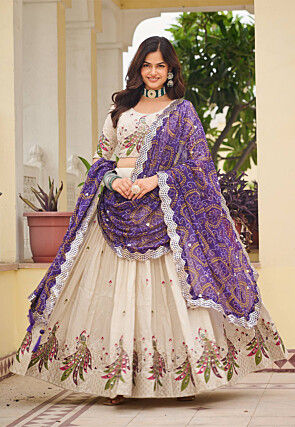 Embroidered Art Silk Lehenga in Cream