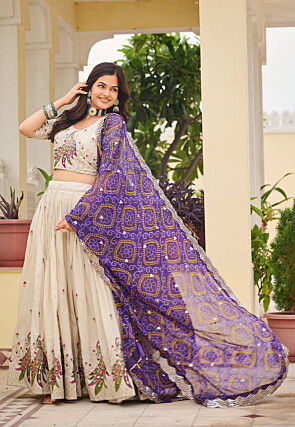 Embroidered Art Silk Lehenga in Cream