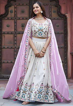 Embroidered Art Silk Lehenga in Cream