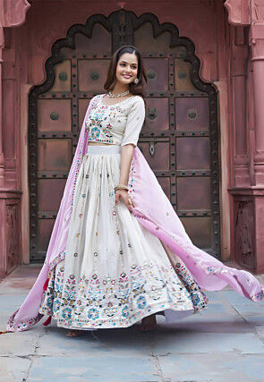 Embroidered Art Silk Lehenga in Cream