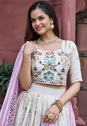 Embroidered Art Silk Lehenga in Cream